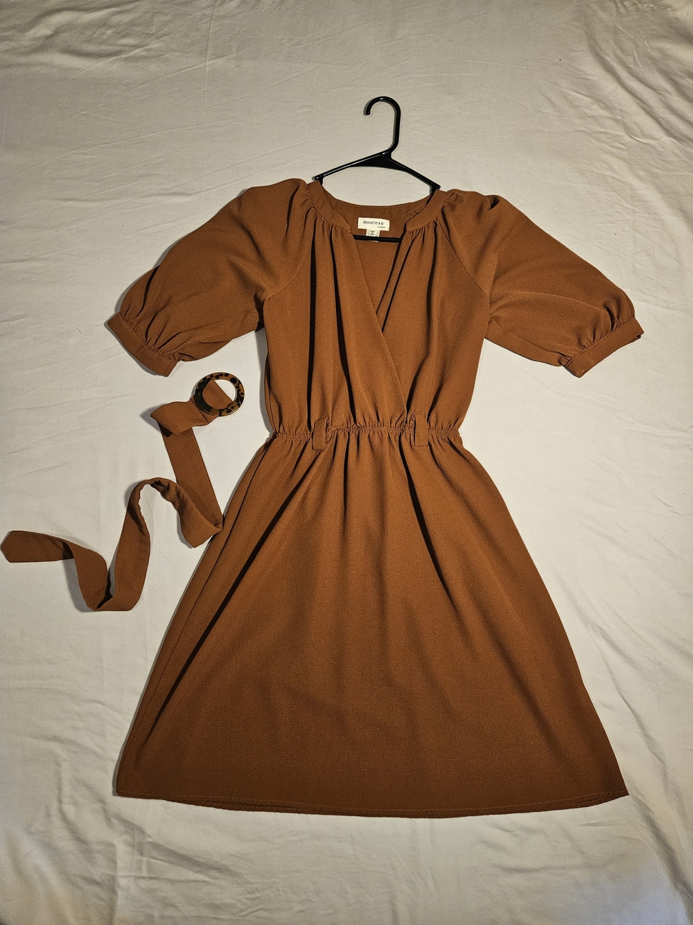 Rust Brown Puff-Sleeve Wrap Dress